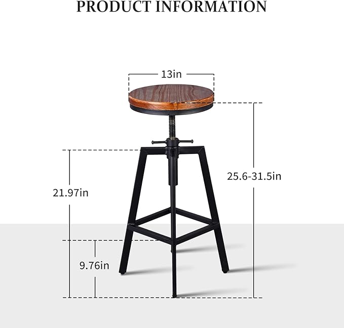 Set of 2 Vintage Bar Stools 25.6-31.5inch Height Adjustable Farmhouse Dinning - Image 2