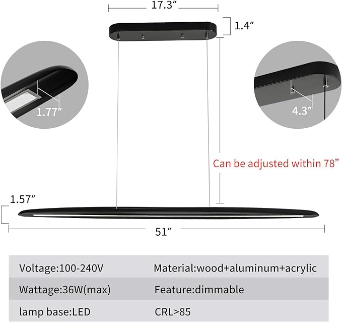 51" Wood Linear Pendant Light Black Linear Pendant Dinning Room Hanging Lights - Image 3