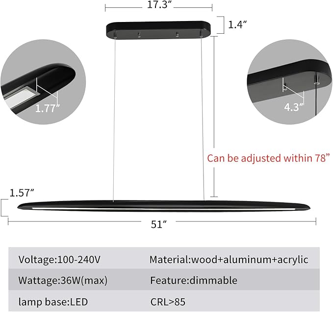 39" Wood LED Linear Pendant Light Black Linear Pendant Dinning Room Hanging - Image 3