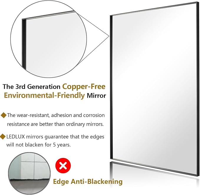 36x48 Inch Black Bathroom Mirror, Copper-Free, Aluminum Alloy Frame Vanity - Image 2