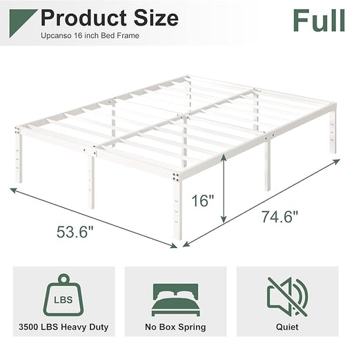 16 Inch White Full Size Bed Frame No Box Spring Need, Metal Platform Full Bed - Image 2