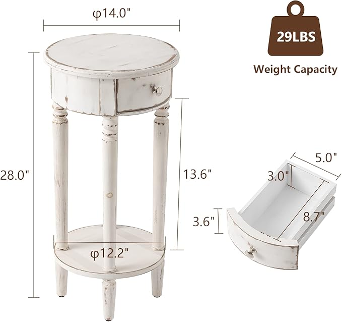 COSIEST Tall End Table with Drawer, Round Nightstand with Storage Shelf - Image 2