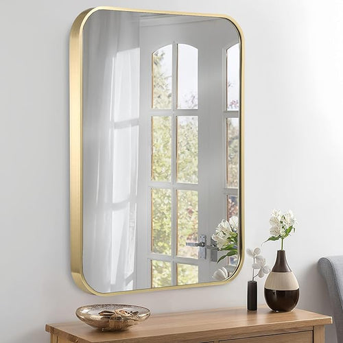 26x38 Inch Gold Bathroom Mirror, Brushed Brass Gold Metal Framed Rectangular - Image 2