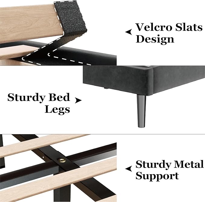 Queen Size Bed Frame with Velvet Upholstered Headboard, Platform Bed with - Image 5