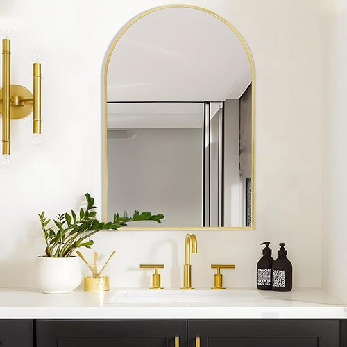 24" x 32" Gold Arched Mirror, Arch Wall Mirror, Metal Frame Black Bathroom by Minuover