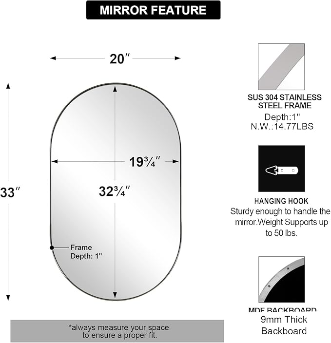 ANDY STAR Chrome Oval Mirror for Bathroom, 20x33 Inch Pill-Shaped Chrome - Image 2