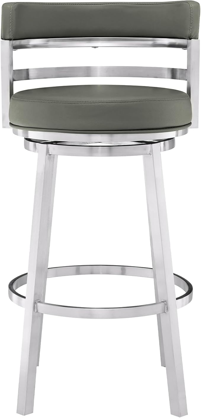 Armen Living Madrid 30" Bar Height Swivel Modern Grey Faux Leather and Brushed - Image 5