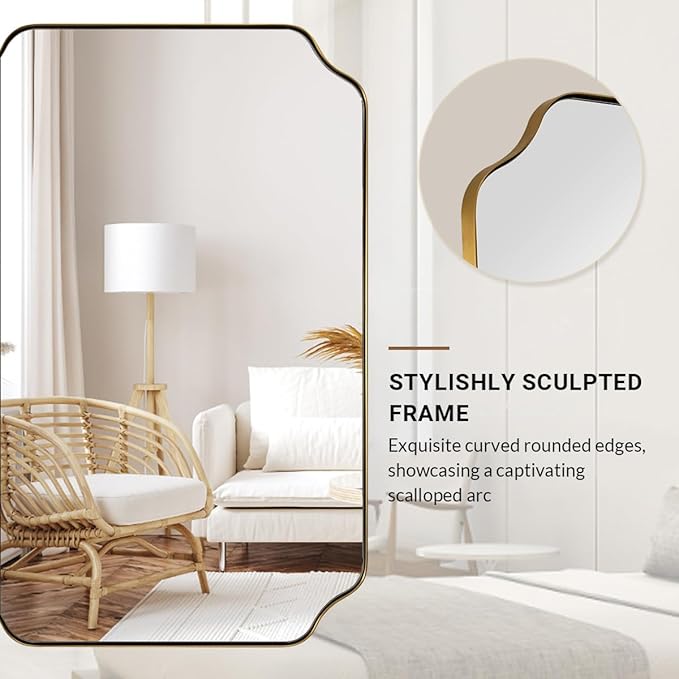 ANDY STAR 24"x36" Gold Mirror, Brushed Brass Scalloped Wall Mirror, Bathroom - Image 5