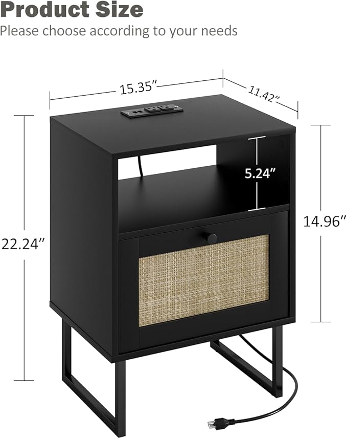 Rattan Nightstand with Charging Station, Boho Night Stand Farmhouse Wood - Image 2