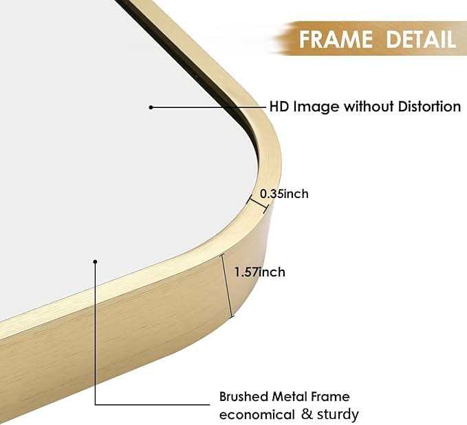 16x20 Inch Gold Bathroom Mirror, Brushed Brass Gold Metal Framed Rectangular - Image 5