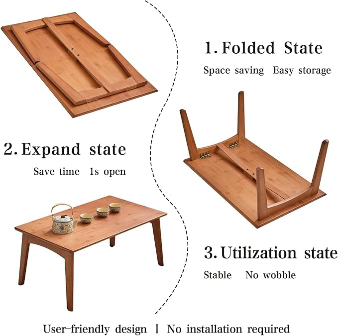 Japanese Floor Table No Assembly Required Bamboo Folding Walnut Coffee Table - Image 5