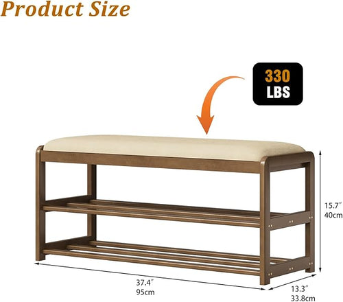 2-Tier Bamboo Shoe Bench with Cushion and Hidden Drawer, Entryway Shoe Rack - Image 2