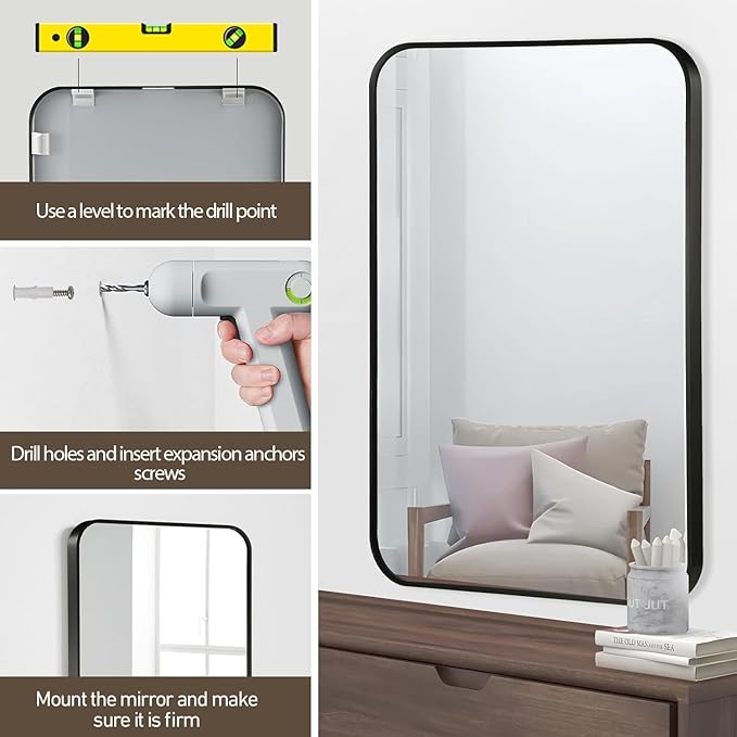 Black Bathroom Mirror, 48x30 Inch Matte Black Mirror, Aluminum Alloy Framed - Image 6