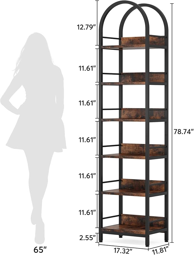 LITTLE TREE 78.7 Inches Tall Arched Bookshelf, 6 Tiers Skinny Open Bookcase - Image 3