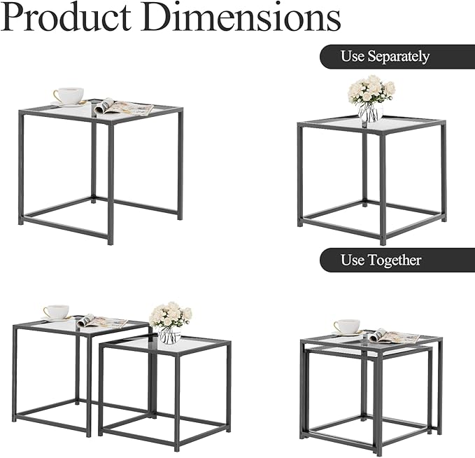 VILAWLENCE Coffee Table Set of 2, Modern Grey Patterned Glass Side Table - Image 7