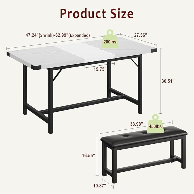 3-Piece Dining Table Set for 4-6 People, Extendable Kitchen Table Set - Image 6