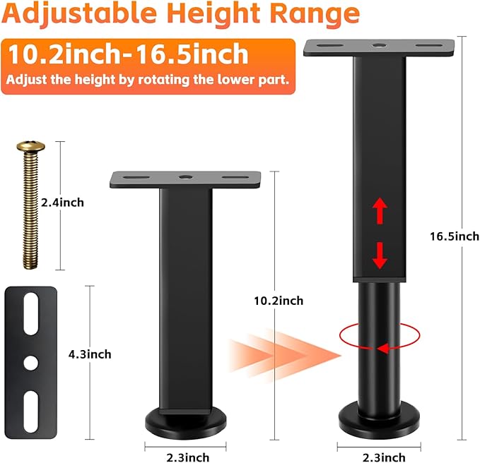 4PCS Adjustable Height Bed Support Legs, 10.2-16.5In, Metal Heavy Furniture Legs - Image 2