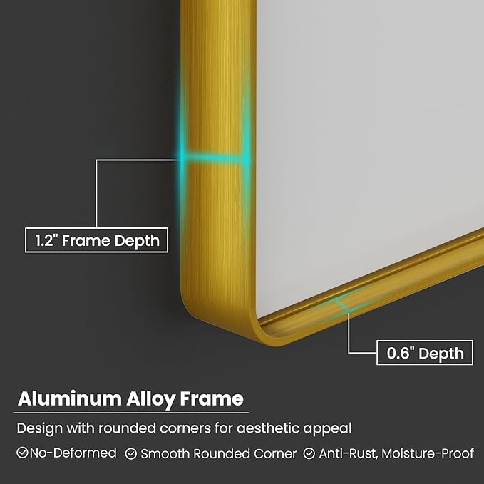 Gold Bathroom Mirror, 60x36 Inch Brushed Gold Metal Frame Mirror - Image 4