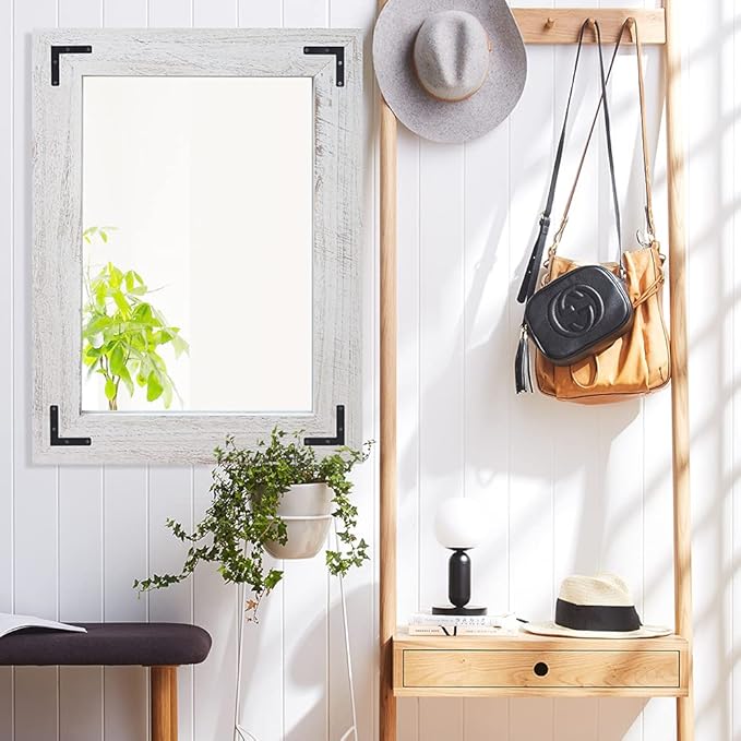 YOSHOOT Rustic Wooden Framed Wall Mirror, Natural Wood Bathroom Vanity Mirror - Image 5