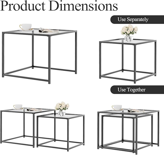 Garden 4 you Coffee Table Set of 2, Modern Glass Nesting Table, Metal Frame - Image 7