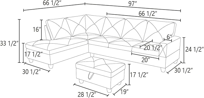 L Shaped Sectional Sofa with Ottoman, Leather Right Facing Modern Couches - Image 2