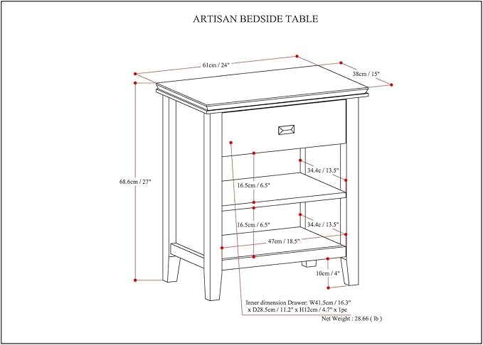 SIMPLIHOME Artisan SOLID WOOD 24 inch Wide Transitional Bedside Nightstand - Image 3