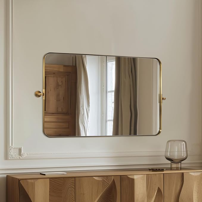 MOON MIRROR 30" x 22" Brushed Gold Rectangle Bathroom Mirror, Tilting Rounded by MOONMIRROR
