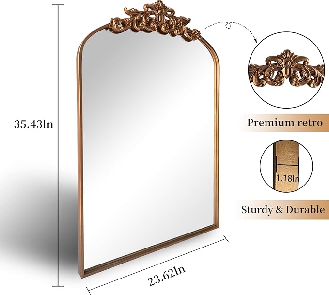 WAMIRRO Ornate Gold Mirror, Vintage Arched Baroque Antique Mirorrs - Image 3