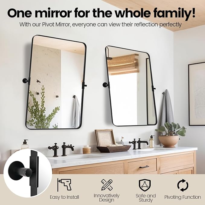 MOON MIRROR Matte Black Pivot Mirror Bathroom, Bathroom Tilt Rounded Rectangular - Image 2