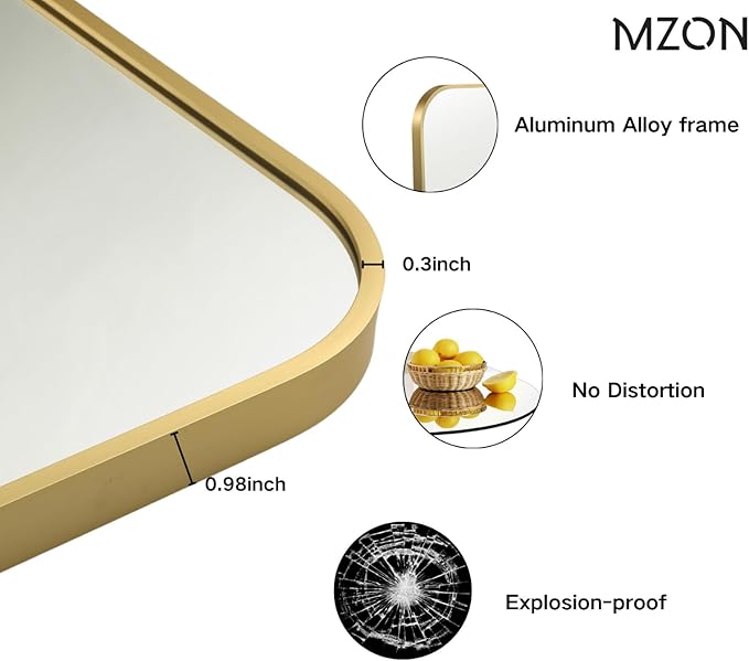 MZON 24x36 Inch Gold Bathroom Mirror – Brushed Gold Rectangular Vanity Mirror - Image 3