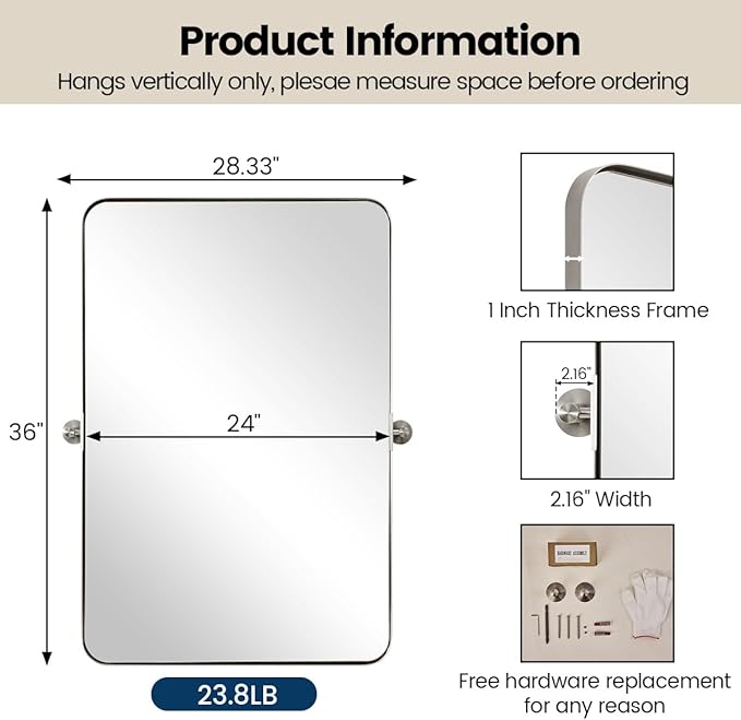 MOON MIRROR 24" x 36" Brushed Nickel Metal Framed Pivot Rectangle Bathroom - Image 3