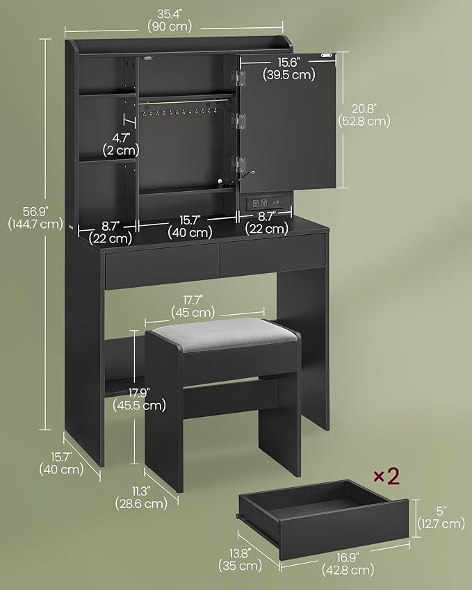 VASAGLE Vanity Desk with Power Outlets, Makeup Vanity with Mirror and Lights - Image 6