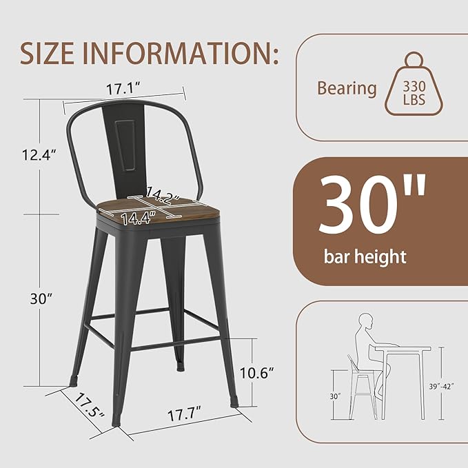 30” Swivel Bar Stools Set of 4, Counter Height Bar Stools Wooden Seat, Metal - Image 2