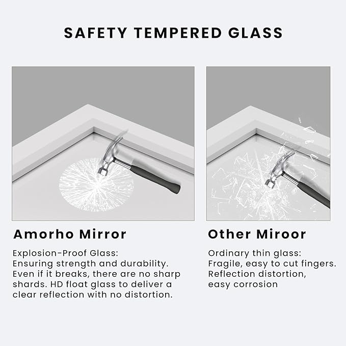 Amorho Bathroom Mirror, 60X36 Inch White Thick Metal Framed Wall Mirrors - Image 4
