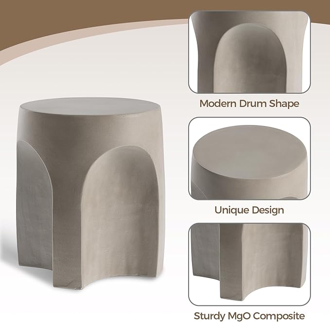 COSIEST Concrete Side Table Drum Shape, Patio Accent Table Cement End Tables - Image 4
