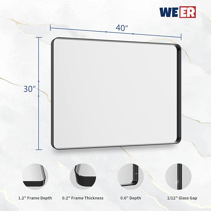 WEER Black Bathroom Mirror for Wall 40X30 Inch, Rectangular Black Metal Framed - Image 6