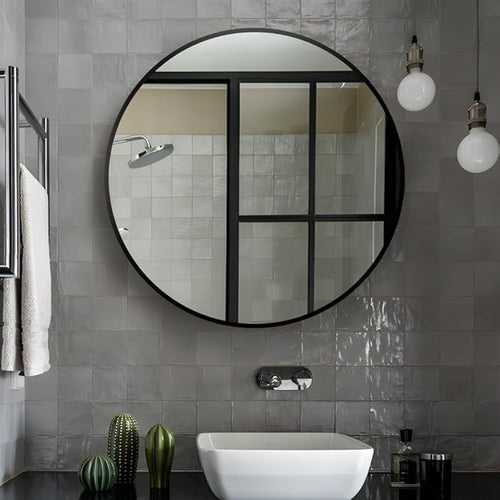 26inch Bathroom Round Mirror, Wall Mounted Vanity Mirror, Steel Frame, Steel - Image 2
