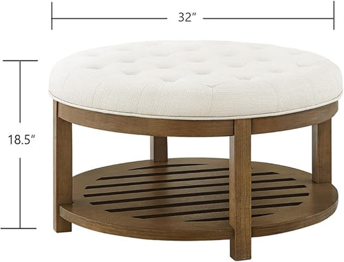 24KF Large Round Upholstered Tufted Linen Ottoman Coffee Table, Large Footrest - Image 2