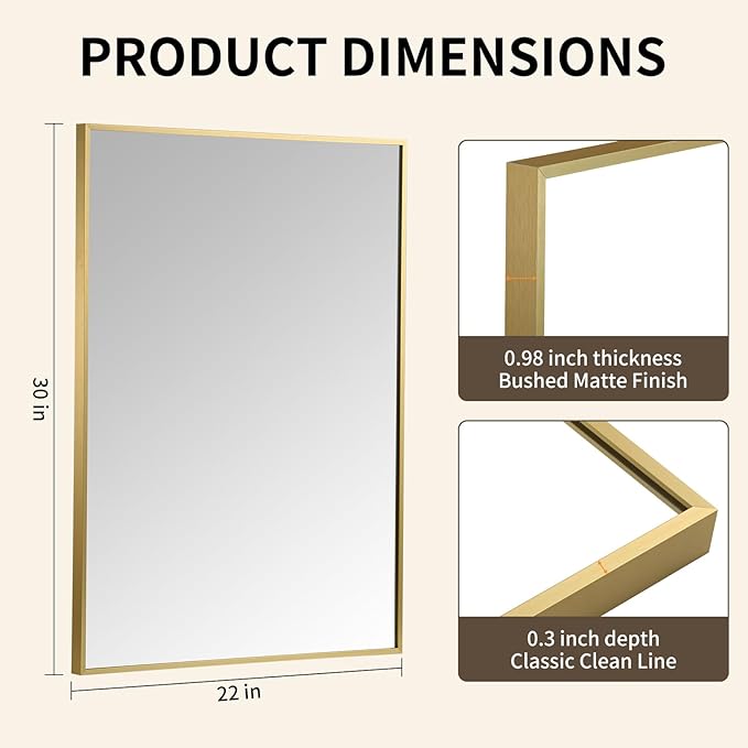 Brushed Gold Mirror, 22x30 Inch Aluminum Framed Rectangle Mirror, Tempered Glass - Image 5
