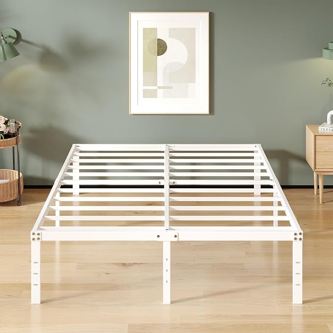 16 Inch White Full Size Bed Frame No Box Spring Need, Metal Platform Full Bed by Upcanso