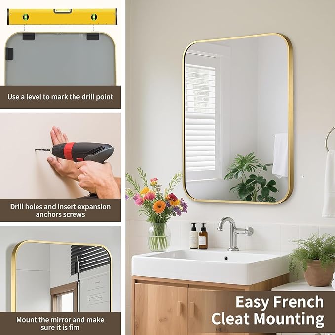 Gold Bathroom Mirror, 40x30 Inch Aluminum Frame Rectangle Mirror, Tempered Glass - Image 5