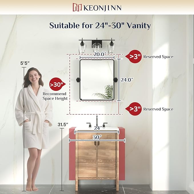 Keonjinn Pivot Mirror Bathroom, 20 x 24 In Beveled Tilt Mirror Bathroom - Image 5