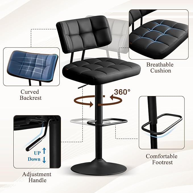 Furniliving Modern Bar Stools Set of 2 Faux Leather, Upholstered Swivel - Image 3