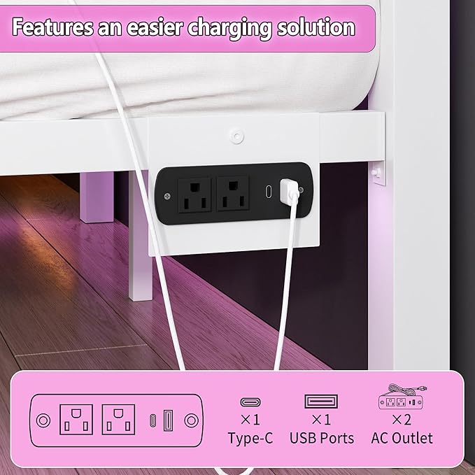 Queen Bed Frame with Headboard and Footboard, Steel Slats Support-LED Bed Frame - Image 4
