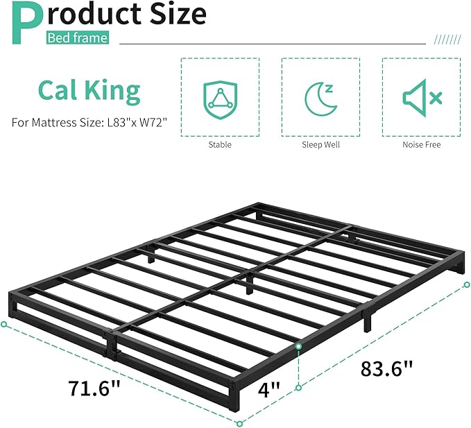 4 Inch California King Bed Frames No Box Spring Needed Heavy Duty Metal Cal - Image 2