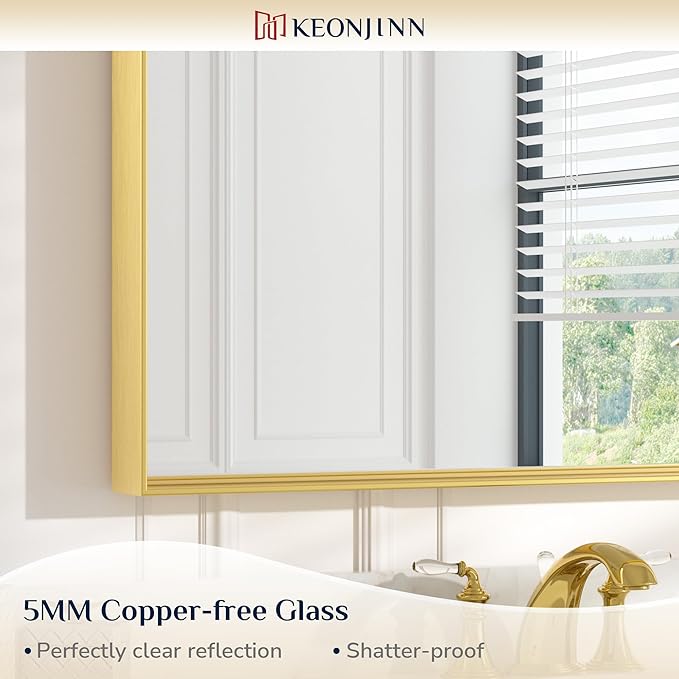 Keonjinn Gold 60 x 36 Inch Brushed Gold Metal Framed Rectangular Wall Mirror - Image 9