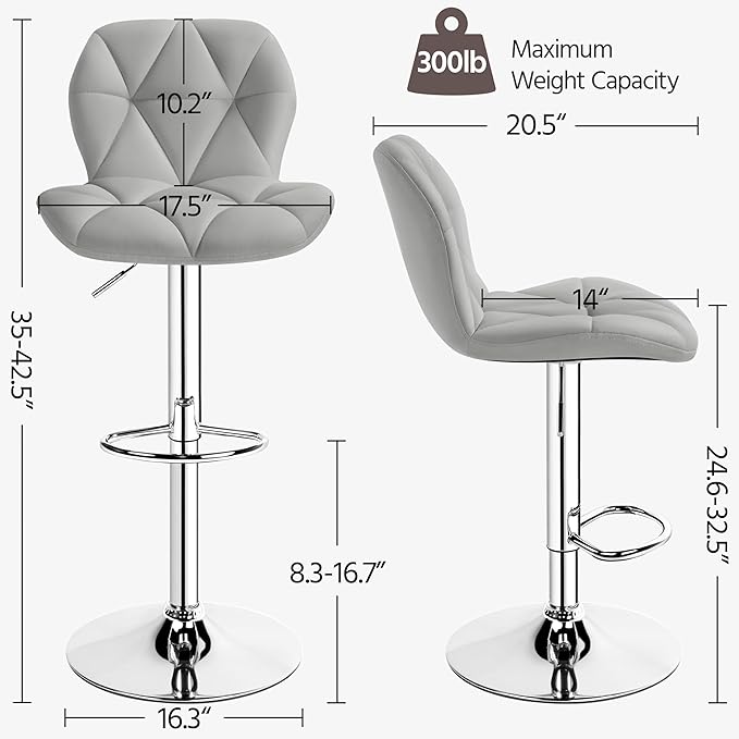 Yaheetech Grey Bar Stools Set of 2, PU Leather Bar Chairs - Image 3