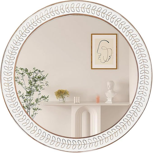 24 inch Round Rustic Wooden Mirrors, Distressed Circle Mirror by FuxuiwyRoundWallMirror