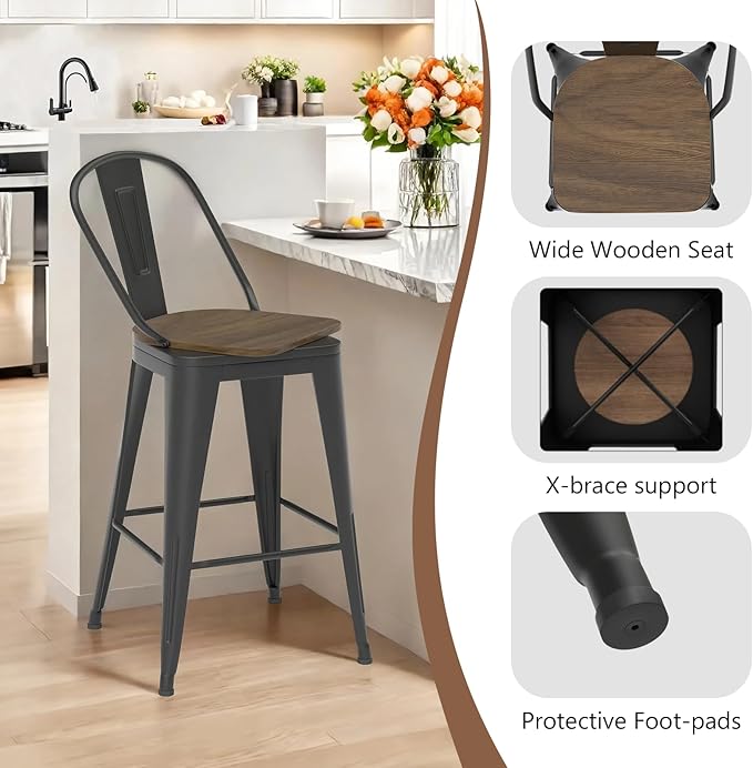 30” Swivel Bar Stools Set of 4, Counter Height Bar Stools Wooden Seat, Metal - Image 6