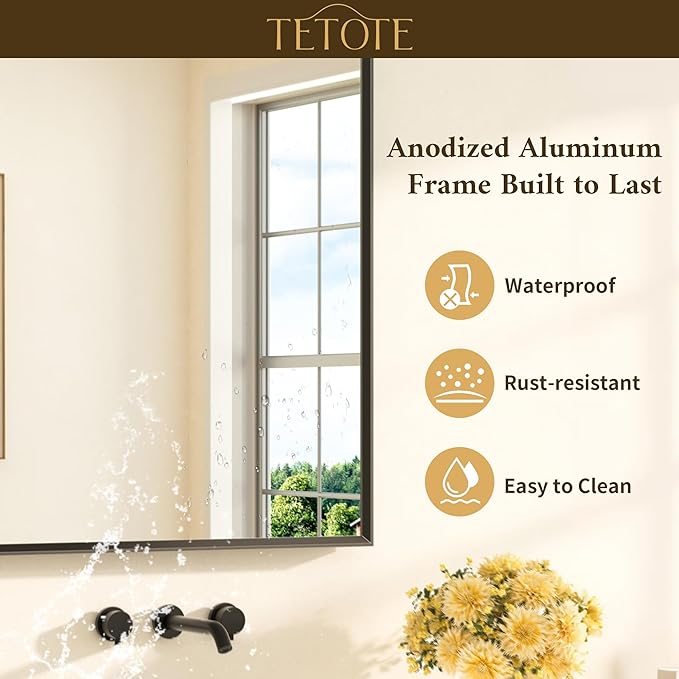 TETOTE Black Framed Mirror for Bathroom Vanity 40" x 24" Matte Black Rectangle - Image 7